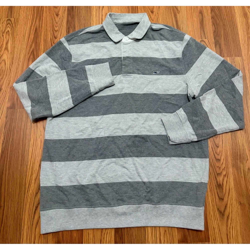 Vineyard Vines Polo Mens Large Rugby Stripe Long Sleeve Gray Whale Logo
